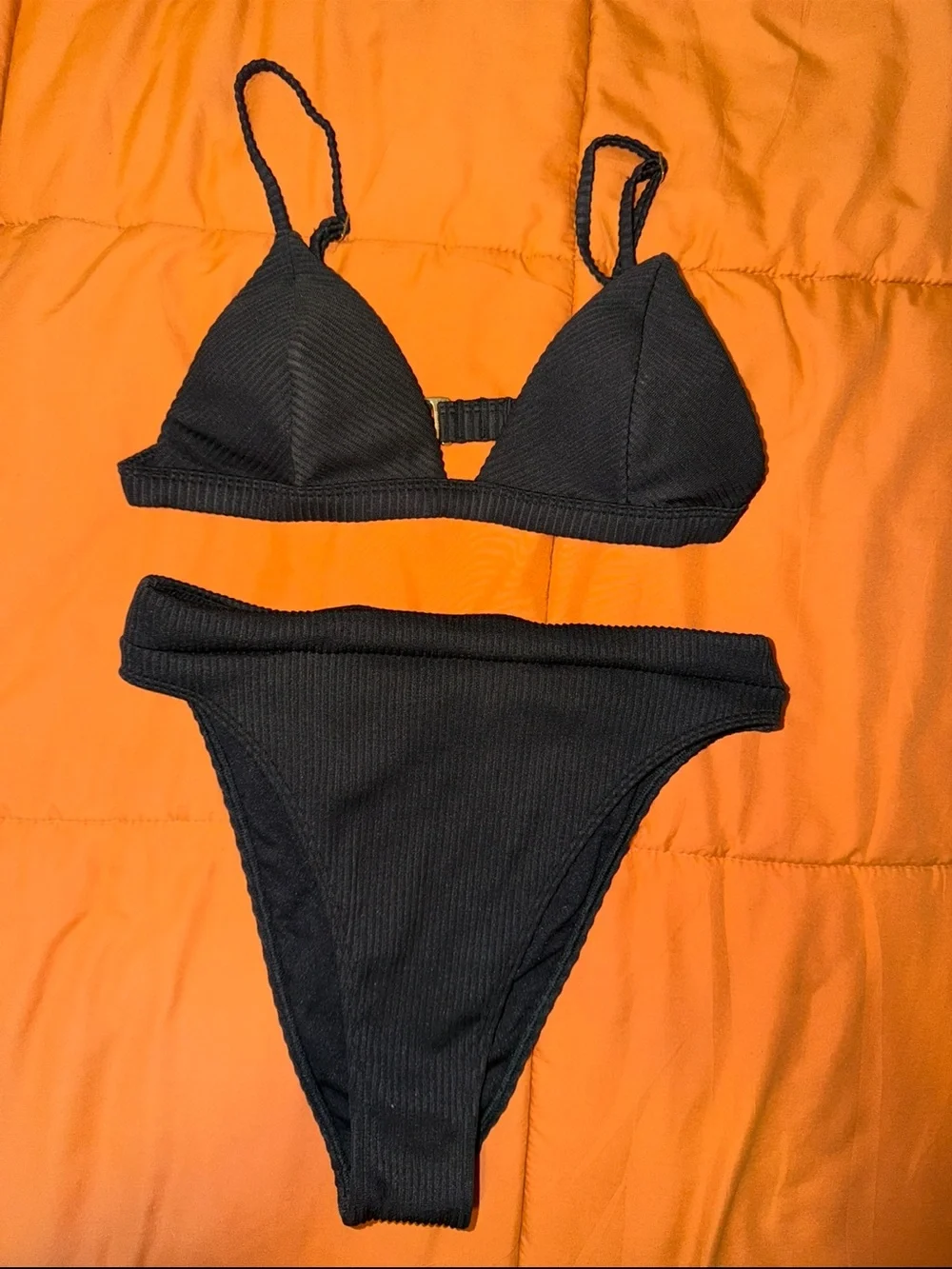 Hollister Black Ribbed Triangle Bikini Set
